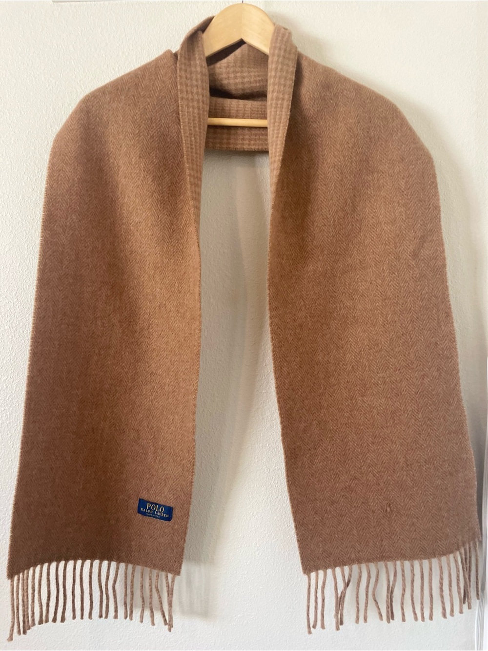 Polo by Ralph Lauren Camel Herringbone Reversible Wool Scarf with Fringe